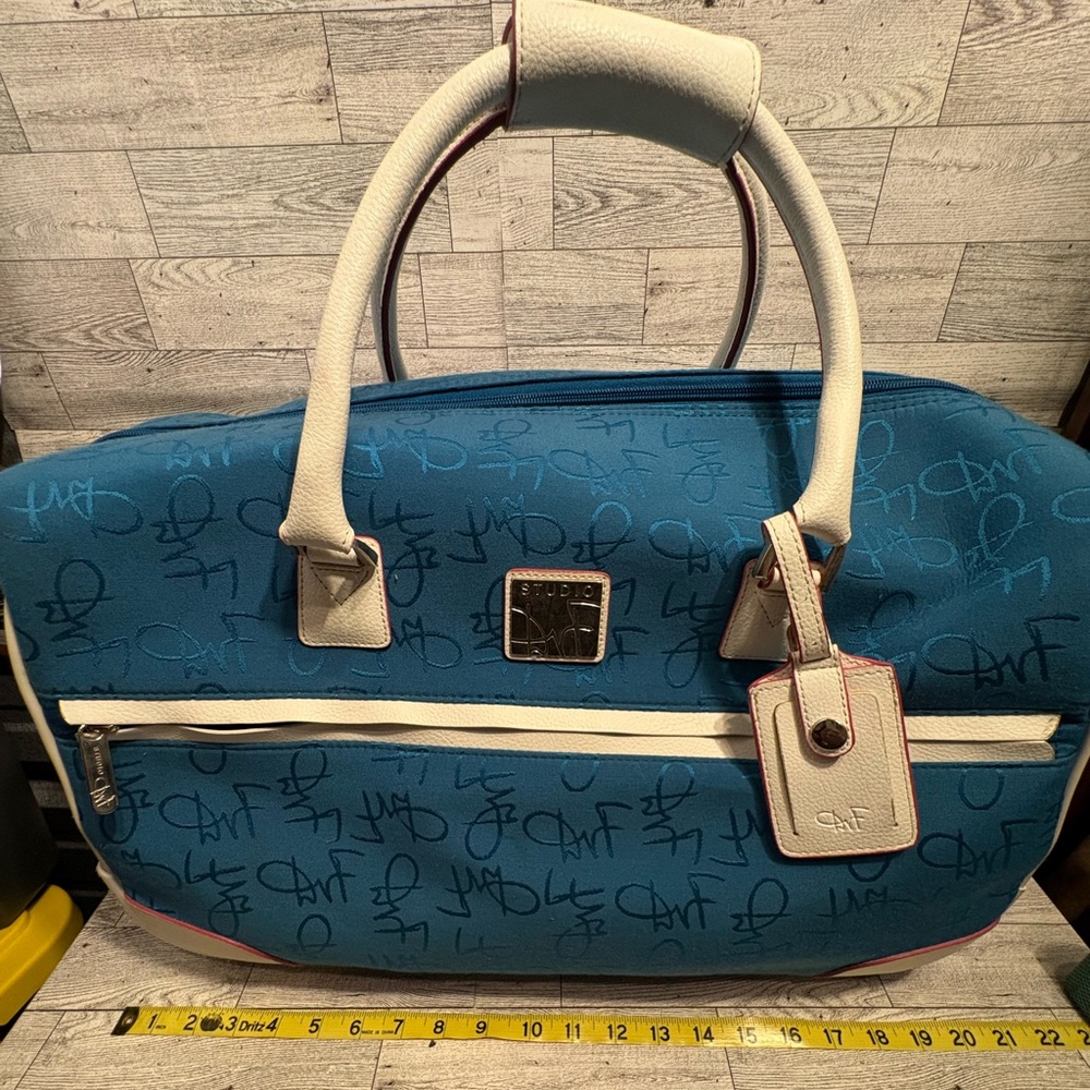Studio Blue and White Duffel Bag with Signature Print